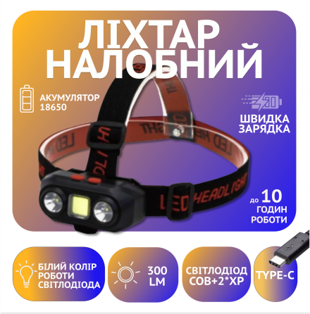 Налобний фонар PL-167, COB, 2XP, Li-on 18650, ЗУ Type-C Дніпро