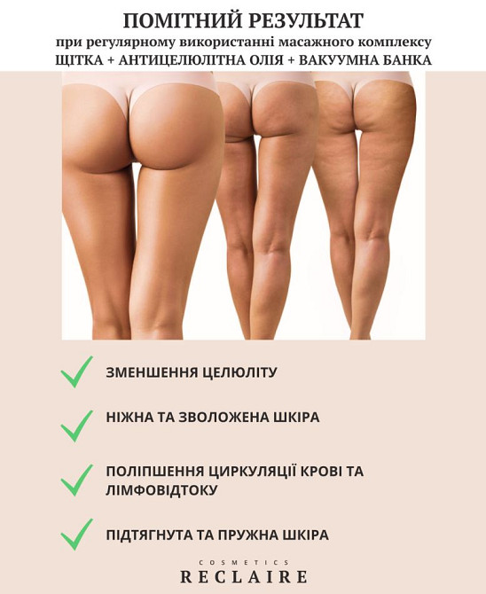 Горячий антицеллюлитный массажный набор Щётка+Масло+Вакуумная банка Reclaire cosmetics Киев - изображение 9