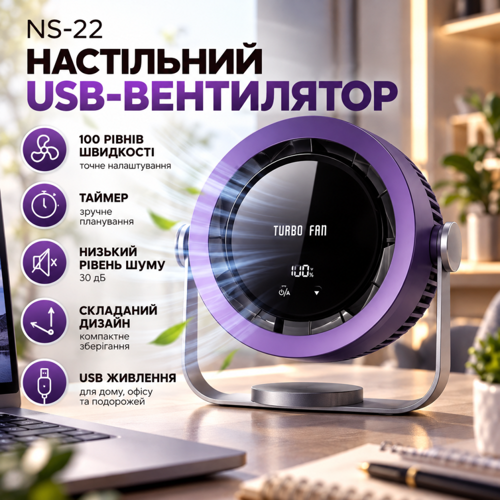 УЦІНКА Настільний USB-вентилятор NS-22, цифрове керування, 100 рівнів швидкості, таймер, низький рівень шуму 30 дБ, складаний Київ - фото 1