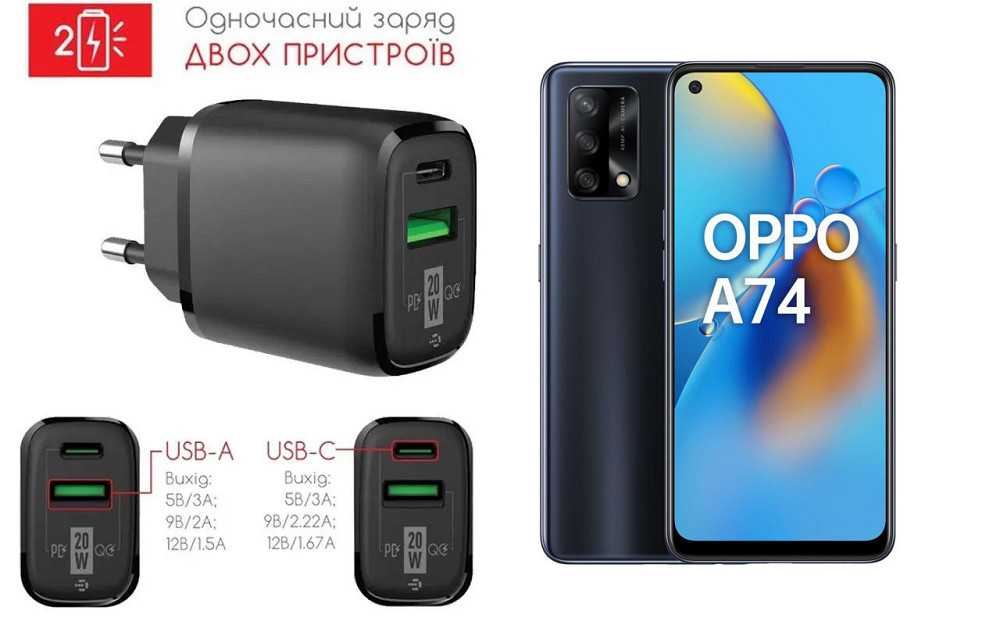 Сетевое зарядное устройство для OPPO A74, A74 5G, 20W 3A, Quick Charge 3.0 Киев - изображение 1