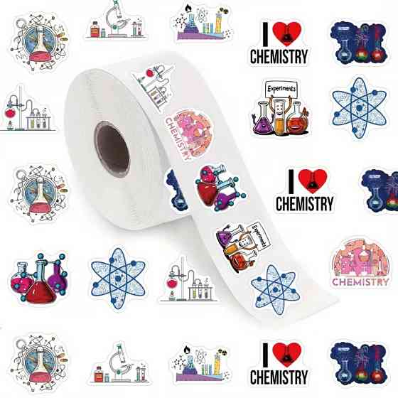 Стікери для школи «Хімія» — рулон 500 шт, 10 варіантів, ≈2,4 см; для уроків, зошитів, щоденників, лабораторії та пакування. Київ