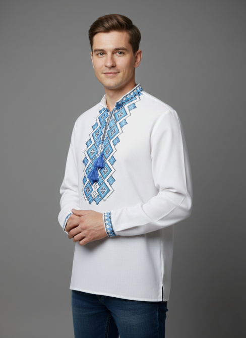 Мужская рубашка-вышиванка в праздничном стиле с геометрическим орнаментом Киев - изображение 2
