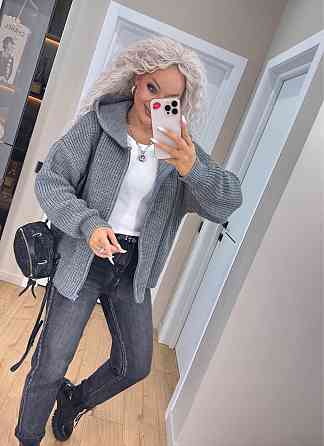 Кардиган в'язаний із капюоном на блискавці толстовка Сірий Київ