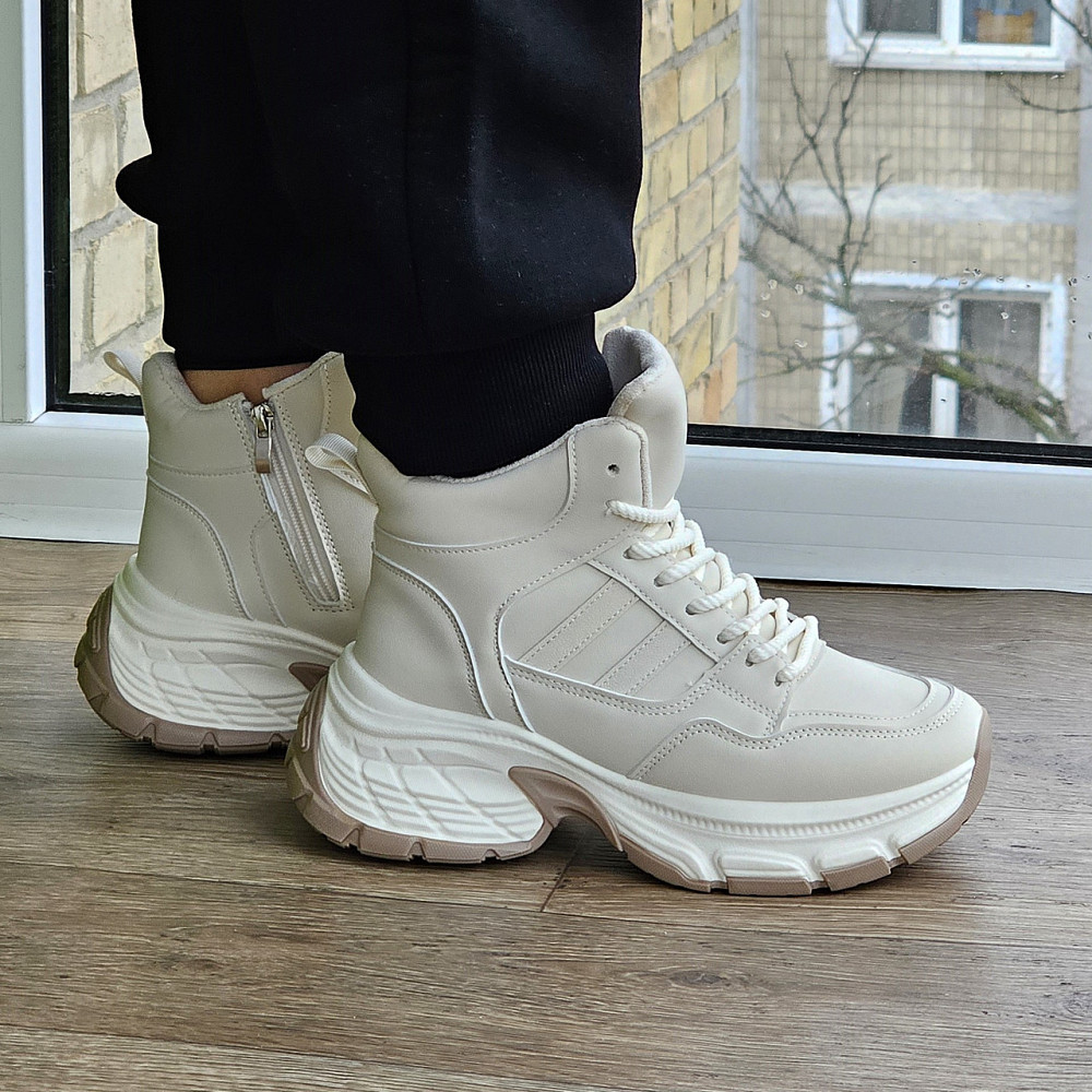 Зимові жіночі Бежеві Кросівки з МЕХОМ на Толстой Підошві Танкетке Ботинки Шкіряні Світлі (розміри: 36,37,38,39) Дніпро - фото 10