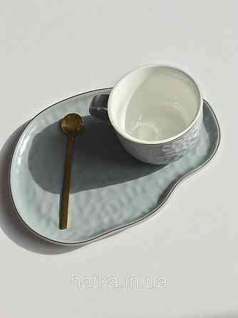 Чашка з блюдцем і ложкою 150 мл 20*15 см "Добрий ранок" Olens сіра Київ