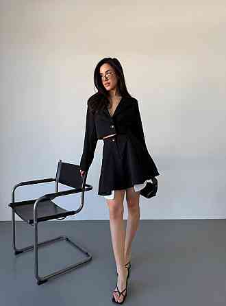 Жіночий костюм-двійка: укорочений піджак і спідниця з трендовою імітацією кишень турецька костюмка + котон Чорний, 44/46 Одеса