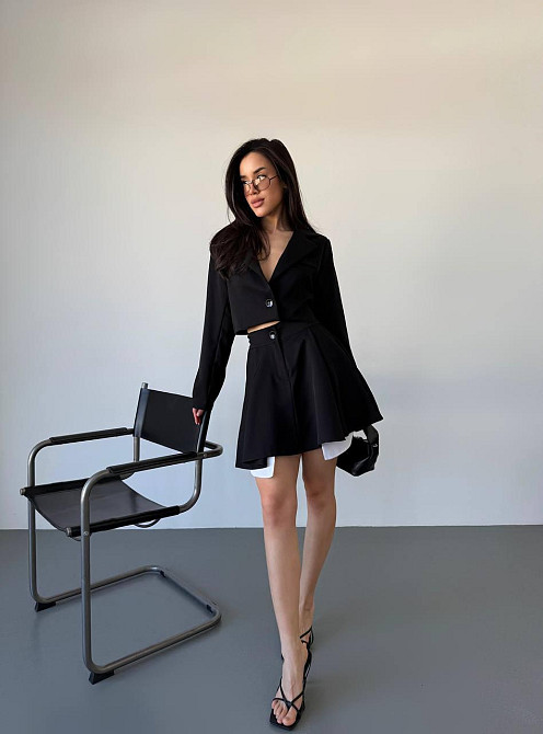 Жіночий костюм-двійка: укорочений піджак і спідниця з трендовою імітацією кишень турецька костюмка + котон Чорний, 44/46 Одеса - фото 2