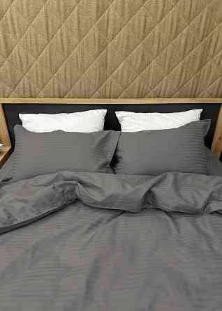 Комплект постільної білизни Страйп-сатин Двоспальний 180х220 з простирадлом на резинці Темно-сірий (88-177) Київ
