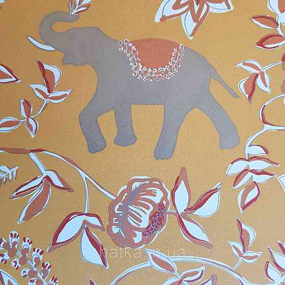 Шпалери вінілові на флізелін Caselio Mystery 0.53х10 м яскраві квіти білі червоні слони золотом на Київ