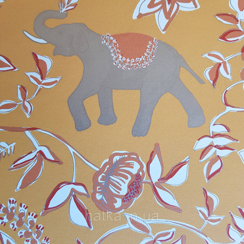 Шпалери вінілові на флізелін Caselio Mystery 0.53х10 м яскраві квіти білі червоні слони золотом на Київ - фото 4