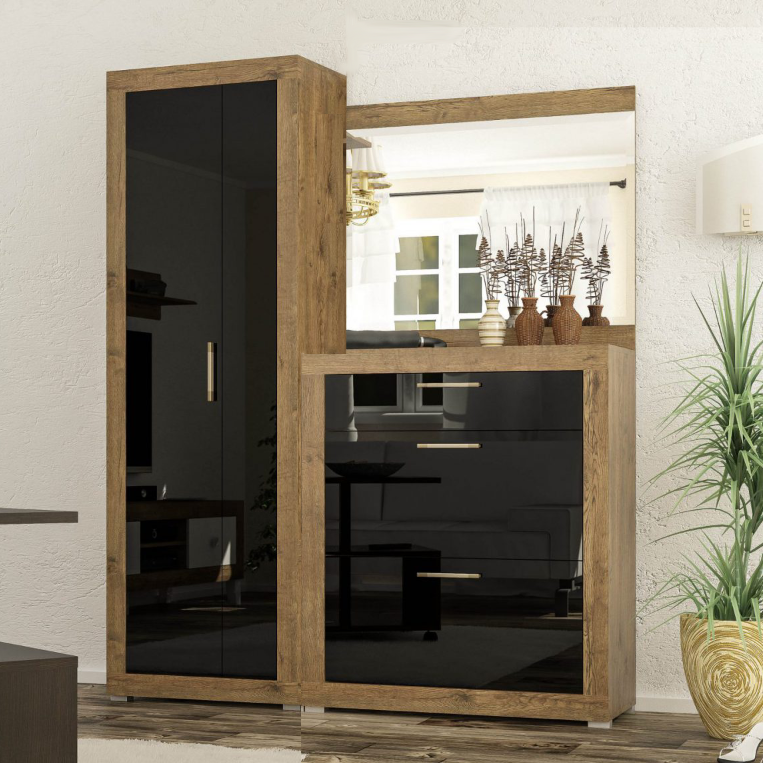 Прихожая с зеркалом Парма (комплект ШТ 158 см) Мебель Сервис Дуб Април, Черный лак Львов - изображение 1