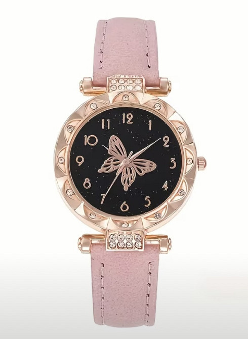 Подарочный набор для женщин Бабочки наручные часы браслет цепочка с кулоном и серьги розовый Киев - изображение 4