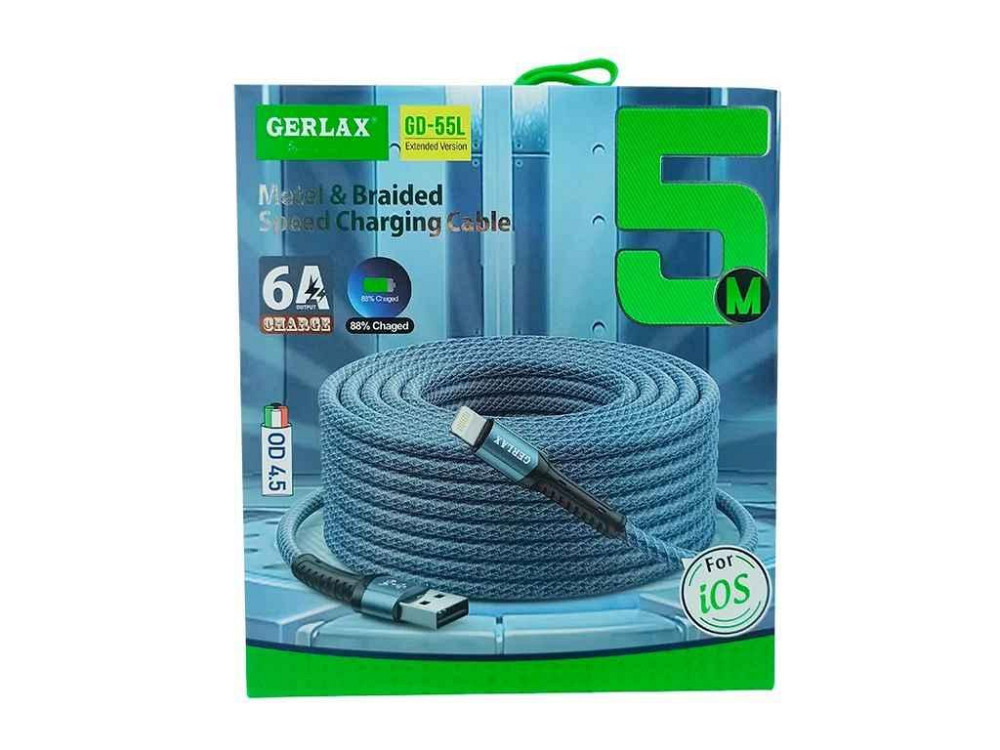 Кабель USB – Lightning iPhone GD-55L 6А OD4.5 чорний тканинний 5м ТМ GERLAX Київ - фото 1