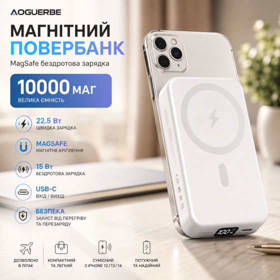 Повербанк AOGUERBE 10000 мАч MagSafe 22.5 Вт, беспроводная магнитная зарядка для iPhone 12/13/14 Киев