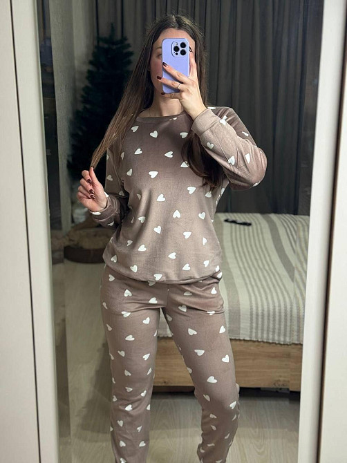 Женский уютный домашний костюм двойка с сердечками турецкий плюш-велюр Мокко, 50/52 Одесса - изображение 2