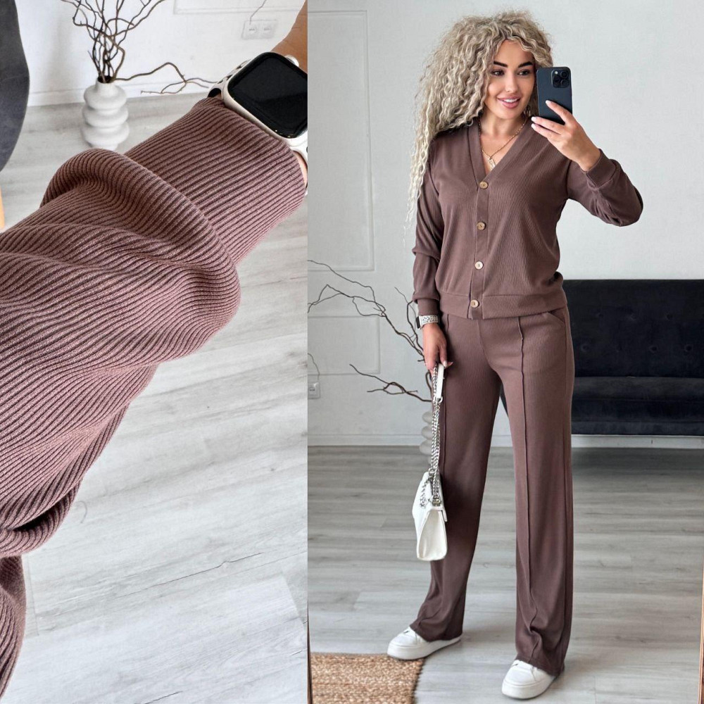 Женский стильный повседневный костюм двойка: кардиган на пуговицах + брюки трикотажный рубчик Мокко, 46/48 Одесса - изображение 9