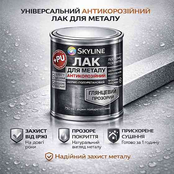 Лак для металу Skyline глянцевий прозорий акрил-поліуретановий антикорозійний без запаху 750 мл Харків