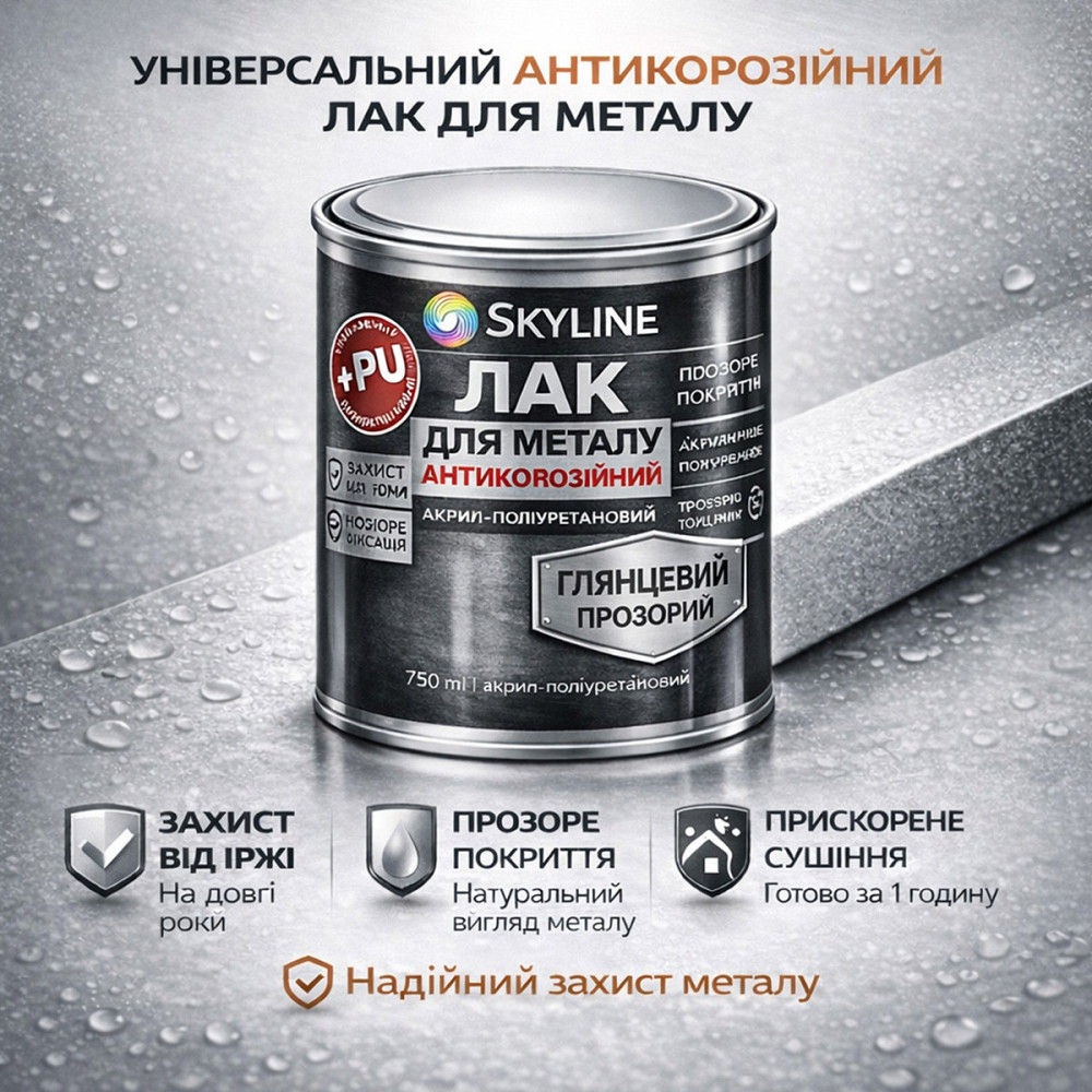 Лак для металу Skyline глянцевий прозорий акрил-поліуретановий антикорозійний без запаху 750 мл Харків - фото 5