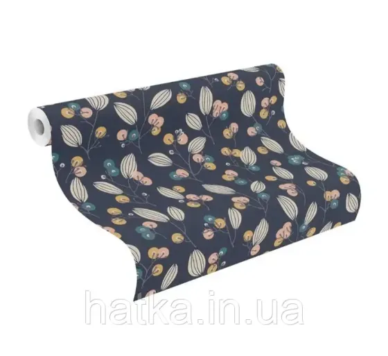 Шпалери вінілові на флізеліні Rasch Clasik 0,53х10 квіти листя гілки яскраві на синьому Київ