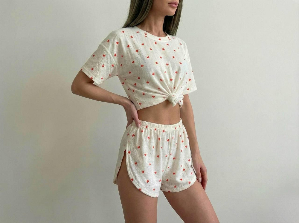 Жіноча ніжна піжама-двійка: топ і шорти з принтом трикотаж перфорація Білий 2, 46 Одеса - фото 5