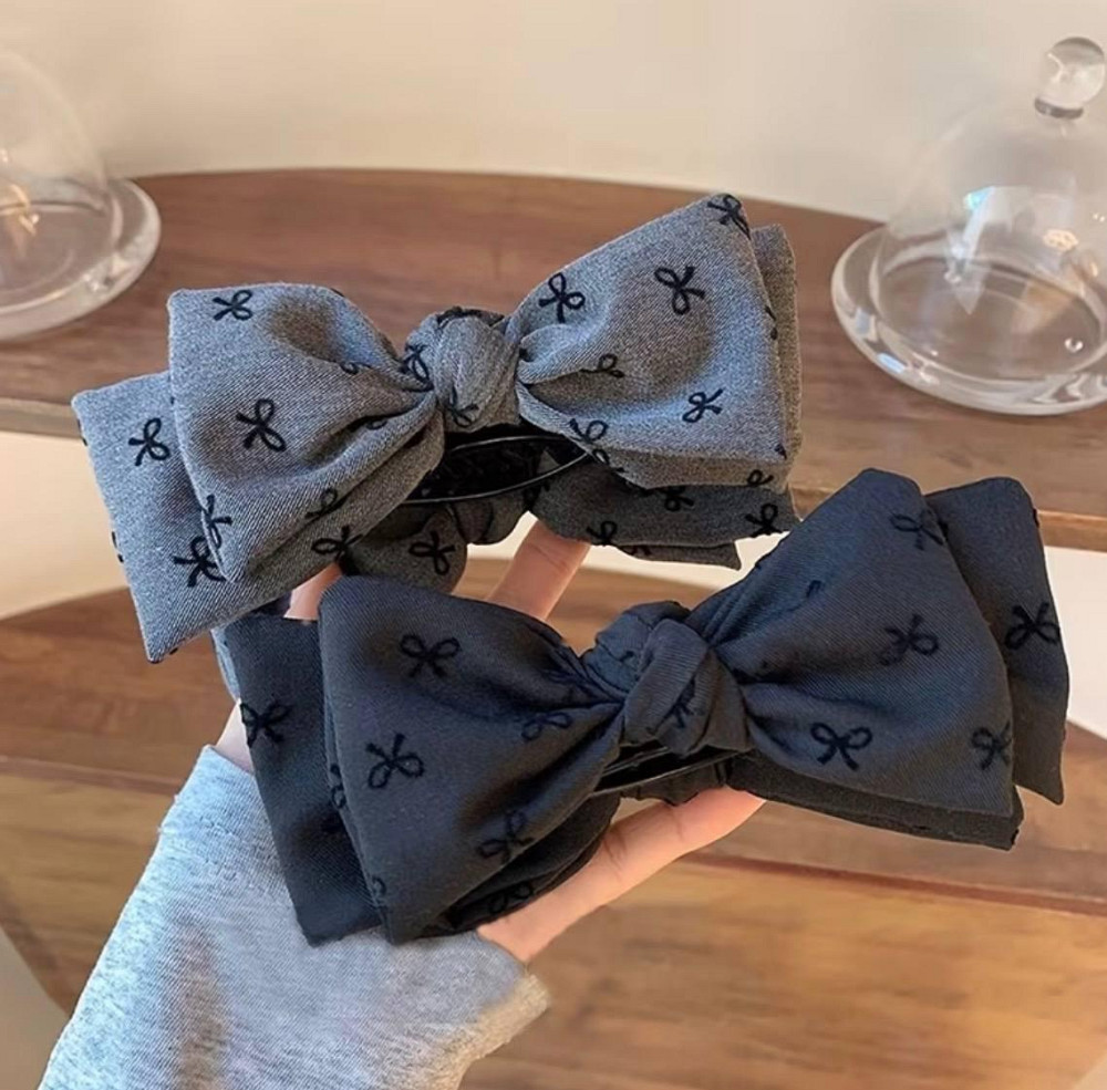 Заколка бант для волосся на крабі, тканинна шпилька бант чорна та сіра, набір 2 шт Київ - фото 1