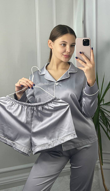 Комплект шелковый тройка рубашка с шортами и штанами Серый M Харьков - изображение 1