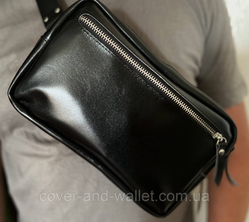 Мужская сумка бананка слинг из натуральной гладкой кожи черного цвета PS Leather Киев - изображение 6