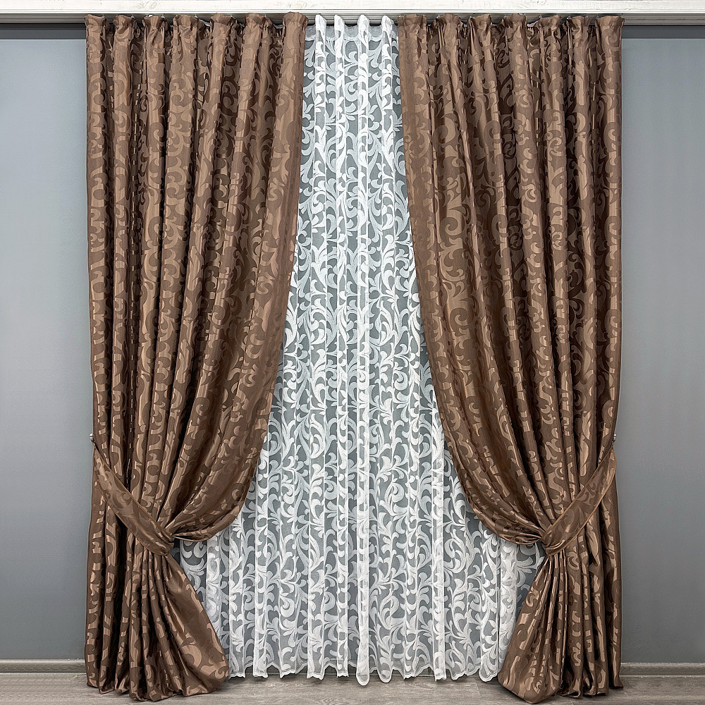Комплект штор VR-Textil Жаккард Вензель 150х270 2шт и Тюль 400х270 478ш-1147т Коричневый с белым 71-103/3 Киев - изображение 1