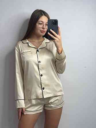 Комплект шовковий трійка сорочка з шортами і штанами Молочний XL Харків