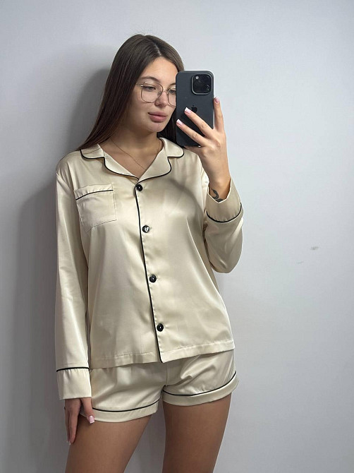 Комплект шовковий трійка сорочка з шортами і штанами Молочний XL Харків - фото 2