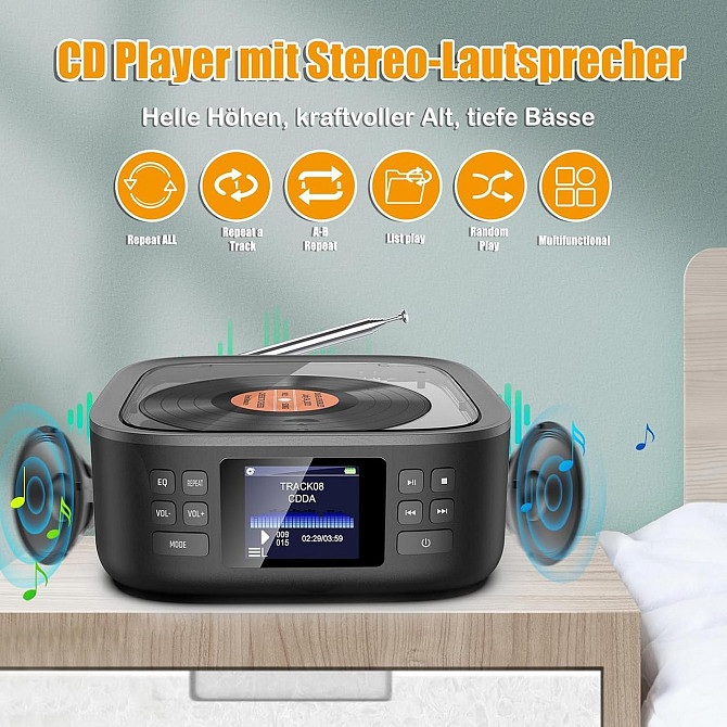 CD-плеєр портативний, програвач компакт-дисків з Bluetooth FM-радіо, стереодинаміками, пультом з акумулятором 3000 мАгод Київ - фото 3