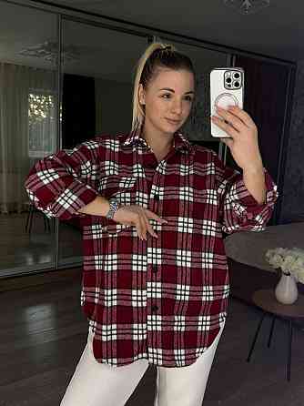 Жіноча тепла оверсайз сорочка в клітинку на ґудзиках кашемір Бордо Одеса