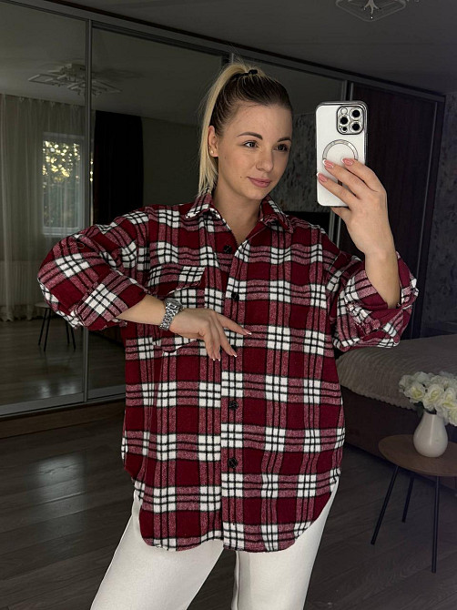 Жіноча тепла оверсайз сорочка в клітинку на ґудзиках кашемір Бордо Одеса - фото 6