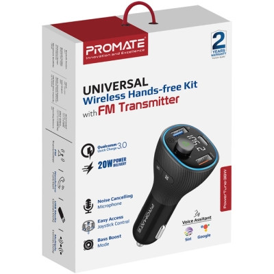 FM модулятор Promate PowerTune 38w USB-A OTG/USB-A QC3.0/USB-C PD Black (powertune-38w.black) Вінниця - фото 2