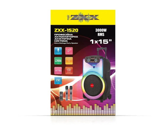 Портативна акустична колонка ZXX-1520 120Вт, 15" динамік, TWS/FM/USB/TF/BT/LED, 2 мікрофони, пульт Д Київ