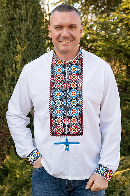 Вышиванка мужская, льняная, с длинным рукавом, белая, лен   , топ 56/58 Киев - изображение 1