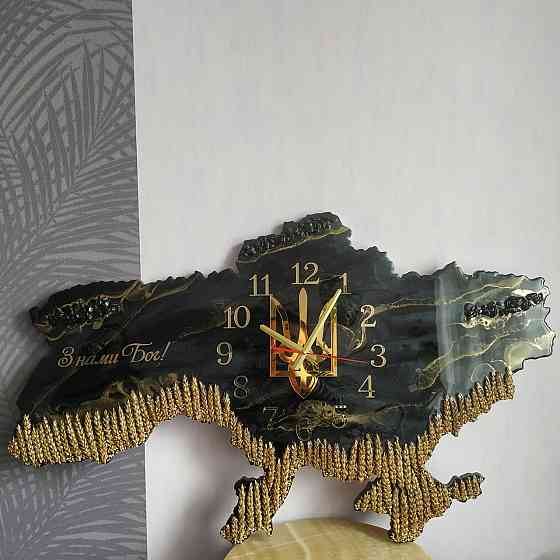 Настінний годинник з епоксидної смоли ручної роботи "Карта України" з колосками 130х85 см Дніпро