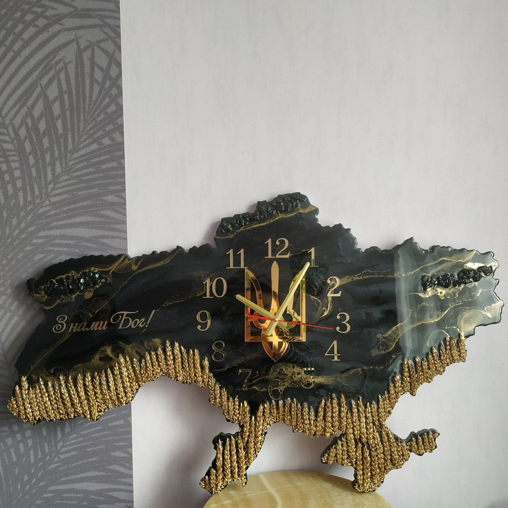 Настінний годинник з епоксидної смоли ручної роботи "Карта України" з колосками 130х85 см Дніпро - фото 1