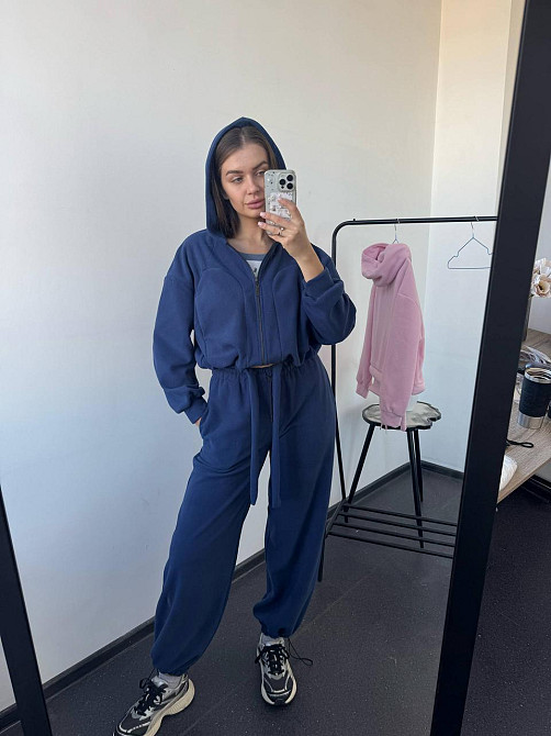 Женский теплый прогулочный костюм двойка: худи и брюки двусторонний полар флис Темно-синий, 44/48 Одесса - изображение 4