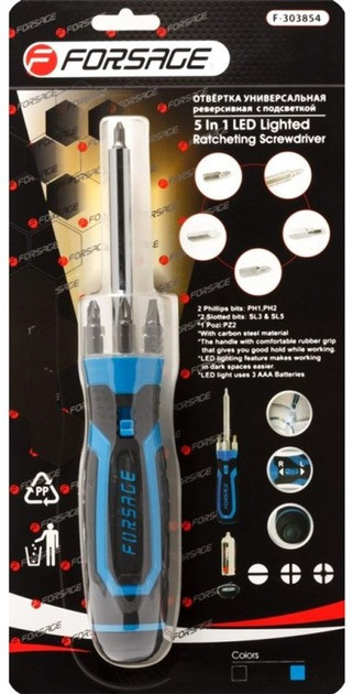 Викрутка універсальна реверсивна з підсвіченням 4LED і комплектом біт, L-250мм (PH1, PH2, PZ2, SL5, Одеса - фото 2