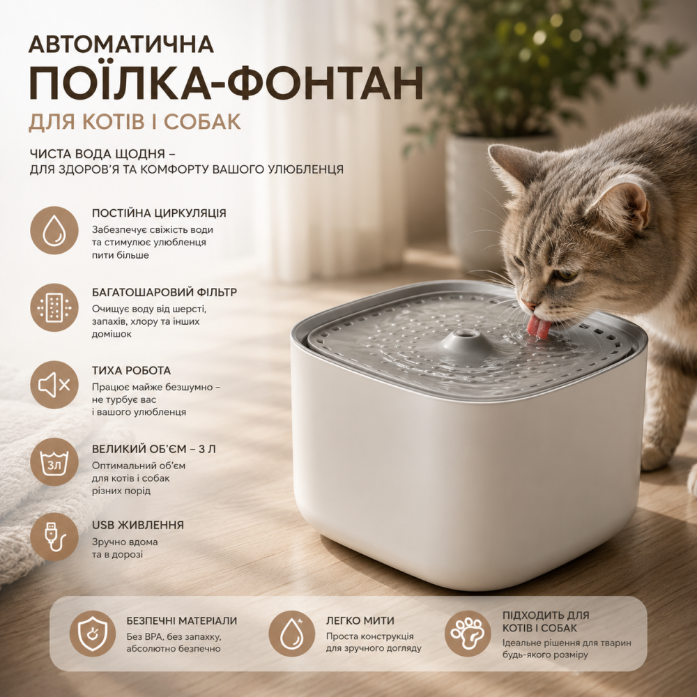 Автоматическая поилка-фонтан для кошек и собак 3 л с фильтром, циркуляцией воды, USB, автопоилка для домашних животных, белая Киев - изображение 7