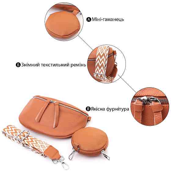 Кожаная стильная сумка для женщин через плечо с мини кошельком Vintage 22665 Рыжая Киев