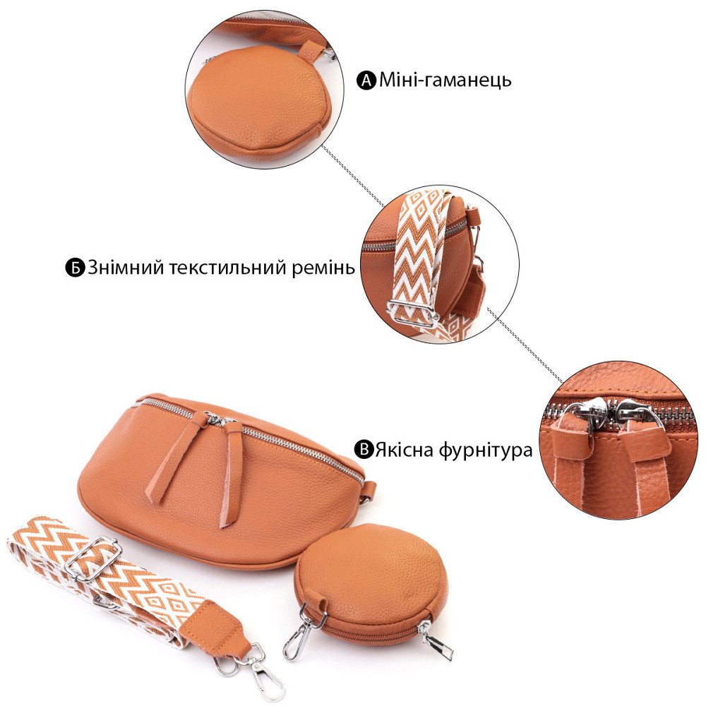 Кожаная стильная сумка для женщин через плечо с мини кошельком Vintage 22665 Рыжая Киев - изображение 4