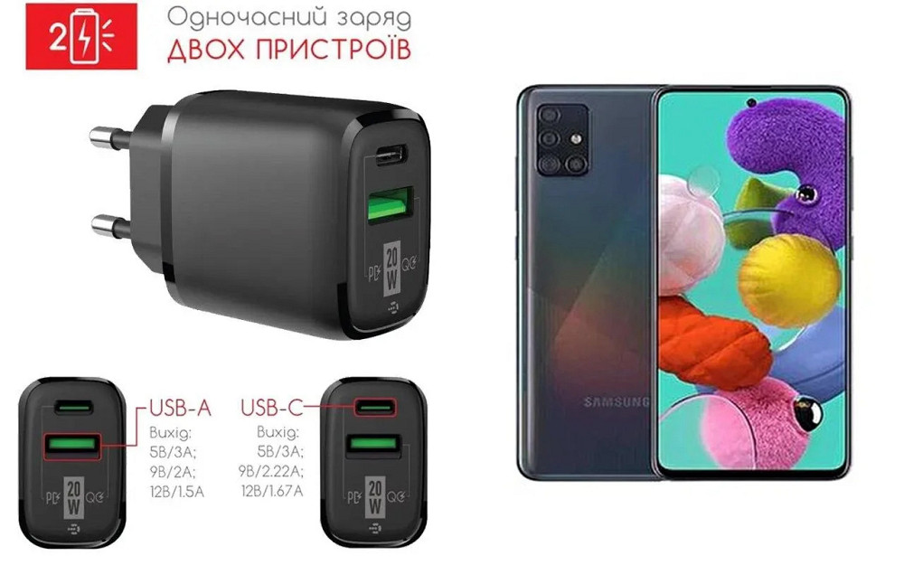 Сетевое зарядное устройство для Samsung Galaxy A71, 20W 3A, Quick Charge 3.0 Киев - изображение 1