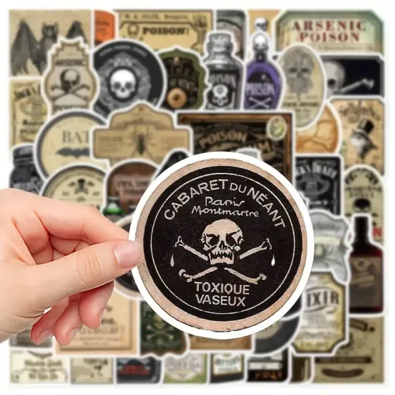 Набір вінтажних наліпок «Етикетки отрути», 50 шт, вініл, \~5,5 см Київ