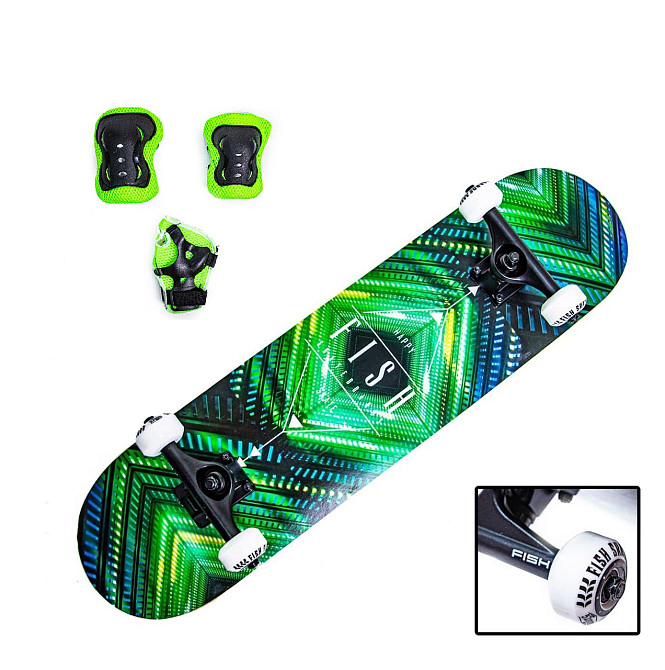 Скейтборд FISH Rhombus Green с защитой в комплекте. Нагрузка до 90 кг Одесса - изображение 1