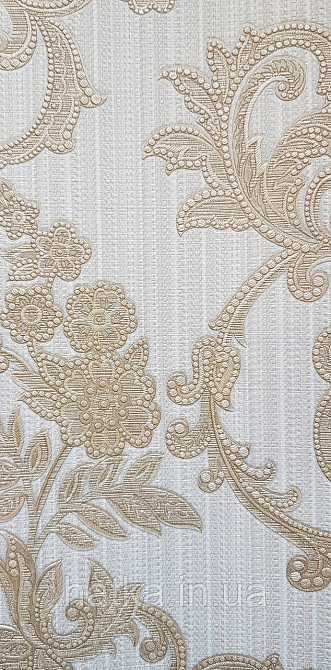 Шпалери вінілові на флізеліні AdaWall Seyyah 1.06х10 вензелю завитки великі структурні золотом на сіро-бежевому Київ - фото 5