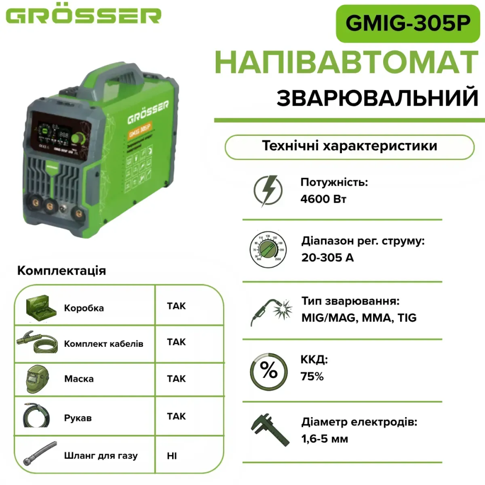 Сварочный полуавтомат Grösser GMIG-305P (без газа) 4600 Вт MIG/MAG MMA TIG, 20-305 А Киев - изображение 2