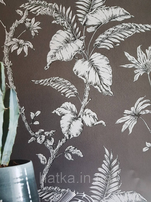 Обои виниловые на флизелине Marburg 31847 New modern крупные листья ветки серые черные на черном фоне Киев - изображение 1