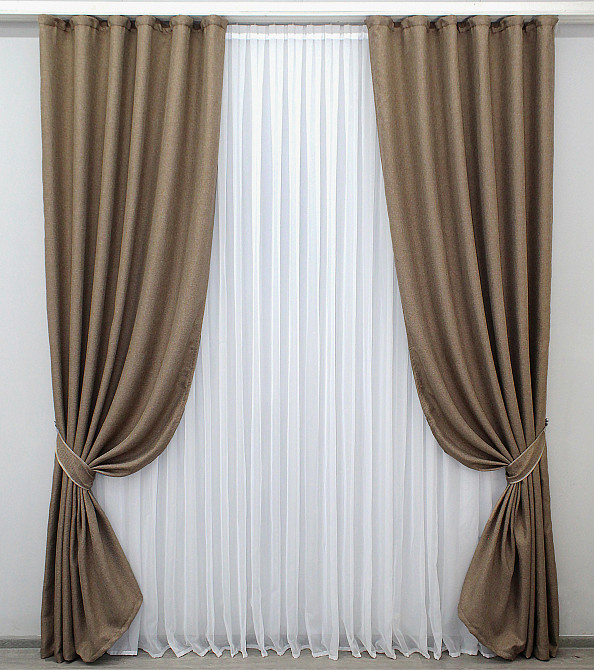 Комплект готовых штор VR-Textil Лен-блэкаут Лен Мешковина № 825ш Темный беж 150х270см 2 шт (30-610) Киев - изображение 1